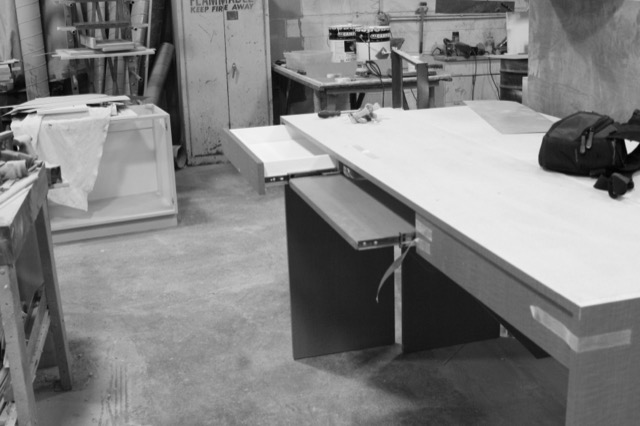 Custom desk under construction on the shop floor