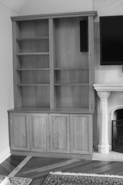 Custom oak bookcase with cabinet base
