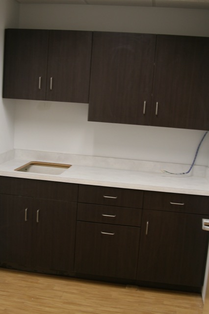 Espresso wall and base cabinets with white solid surface top