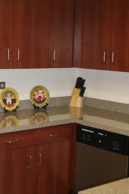 Cherry cabinets with speckled solid surface countertop